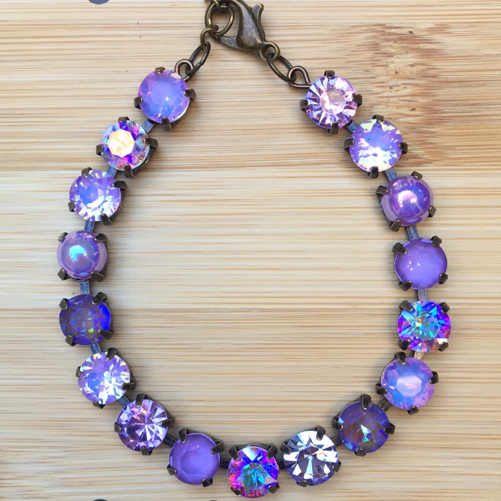 Amethyst, Violet, + iridescent Purple Opal Antique Brass Crystal Tennis Bracelet - Picture 15 of 17